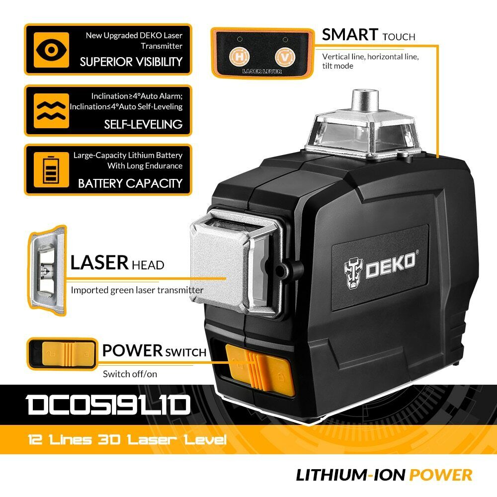 DEKO Niveau Laser 3D 12 Lignes 360° Auto Nivelant DKLL12PB1