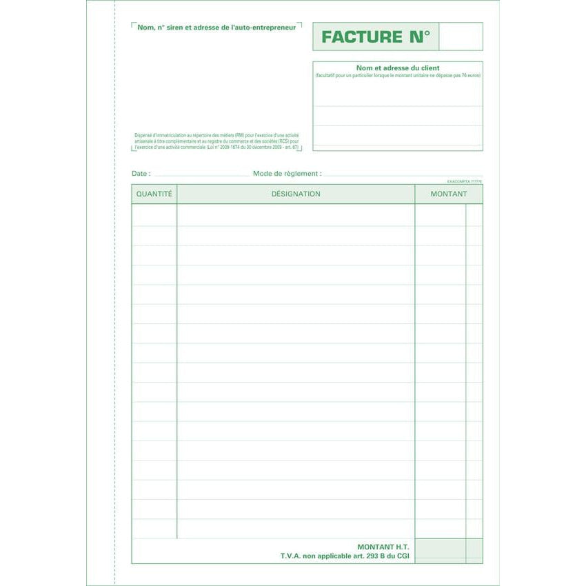 Exacompta Manifolds carnet de Factures pour micro-entrepreneurs